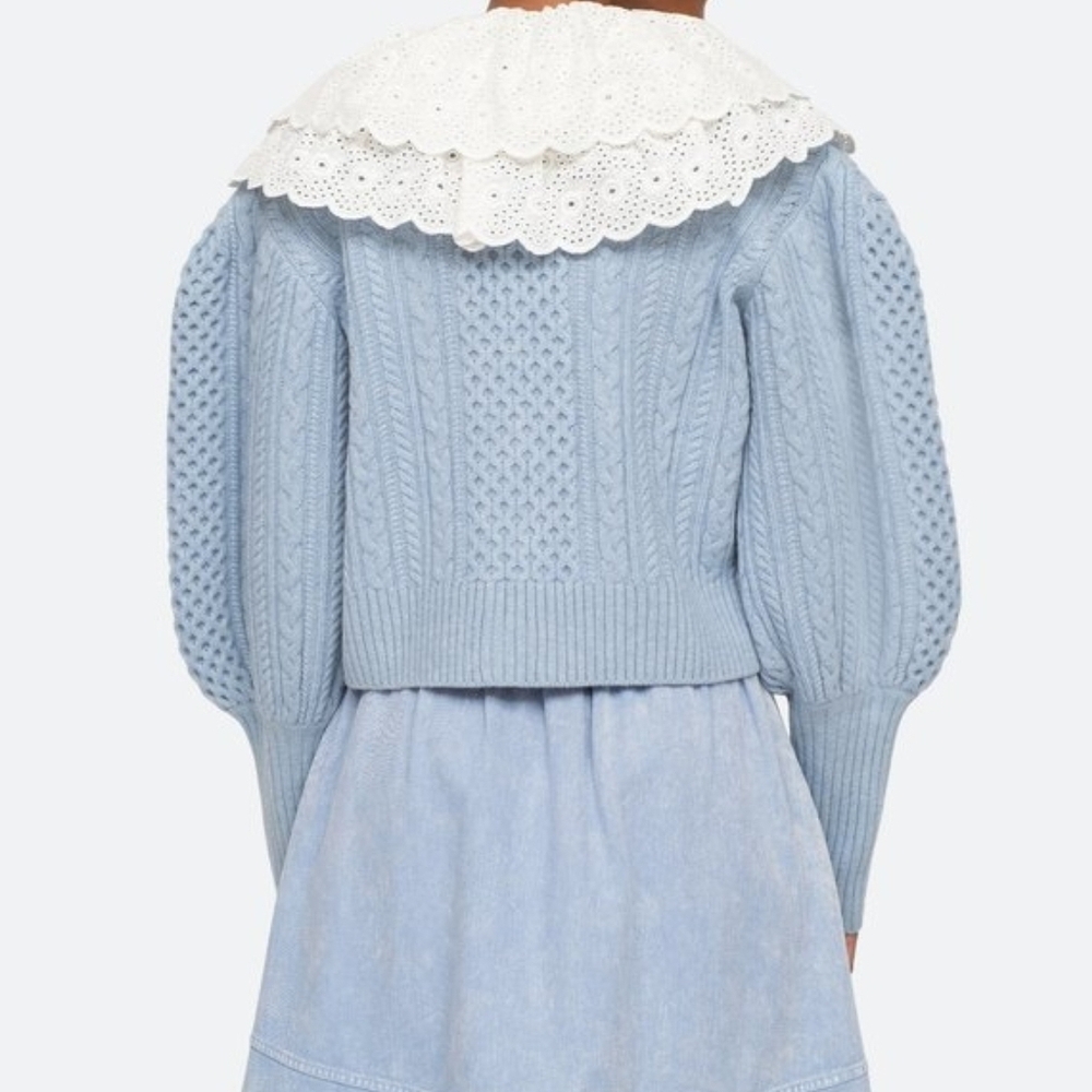 Sea NY Melanie cable-knit cropped cardigan light blue wool Broderie Collar XS - Picture 4 of 16